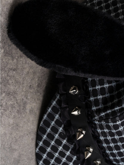 Decorated Puppy Beret Hat Studs Design Plush Ear Buckle Black Gothic