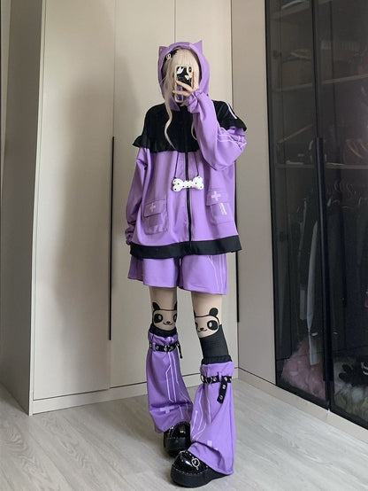 ヤミカワイイ パープル＆ブラック クロスハート バックルストラップ レッグウォーマー