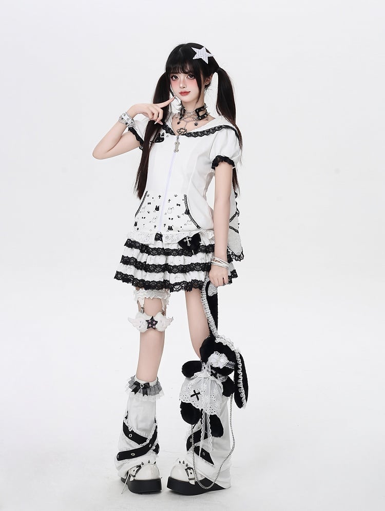 Jirai Trim Bunny Ears Design Hood Lace Kei Black/White