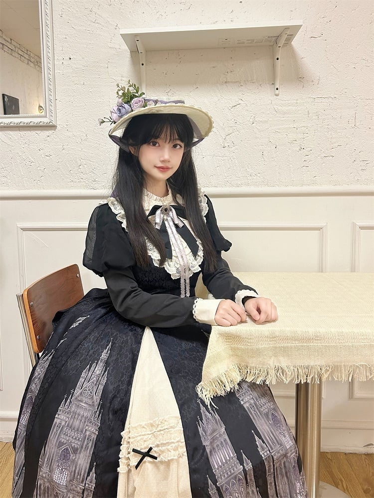 Print and Lolita Hem with Gothic Dress Black Beige Long-Sleeve Ruffled Church