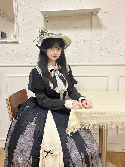 Print and Lolita Hem with Gothic Dress Black Beige Long-Sleeve Ruffled Church