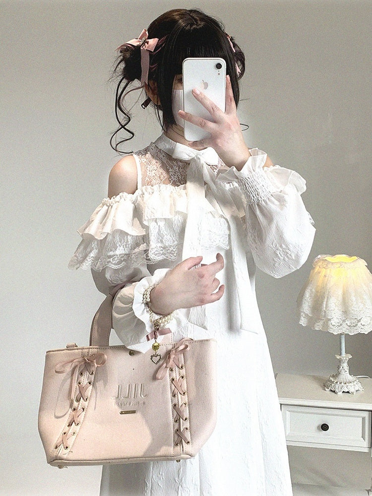 Cutout with Bow Lace Ruffled Shoulder Dress Rose Jirai and Jacquard White Long-Sleeve Kei