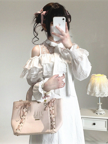 Cutout with Bow Lace Ruffled Shoulder Dress Rose Jirai and Jacquard White Long-Sleeve Kei
