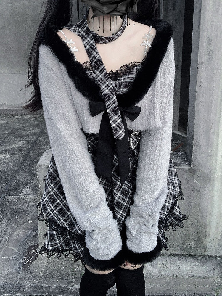 Plaid Heart Jirai Gray Two-Piece - with Crop Fuzzy Belt Trim Cami Top Kei Dress Set Buckle