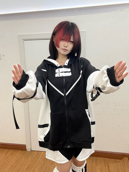 Black Jirai Kei Techwear Coord Set: Kitten Ear Hoodie with Detachable Sleeves, Utility Snaps, Shorts & Leg Warmers