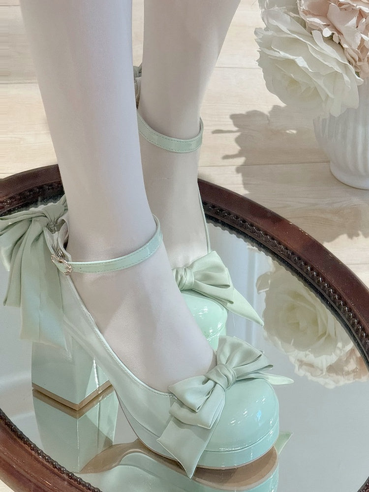 Green Sweet Toe Bowknot Lolita Platform Janes Round Mary Shoes Details