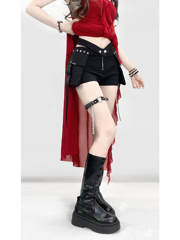 Vintage Black Cargo Pockets Glamorous Slim-fitting Shorts