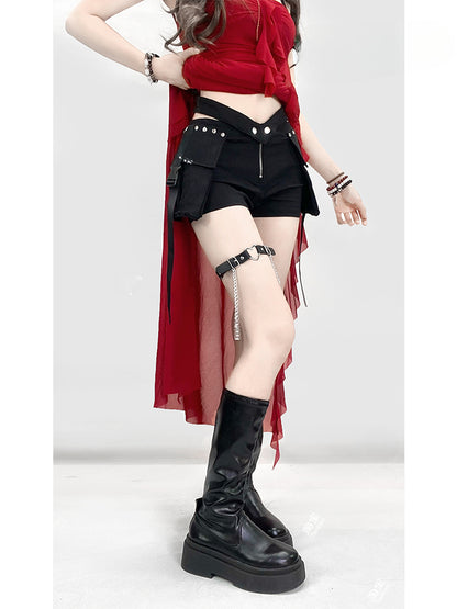 Vintage Black Cargo Pockets Glamorous Slim-fitting Shorts