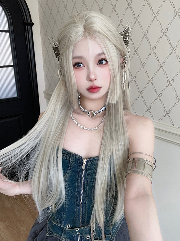 ブロンド姫カットロングストレート合成ウィッグ