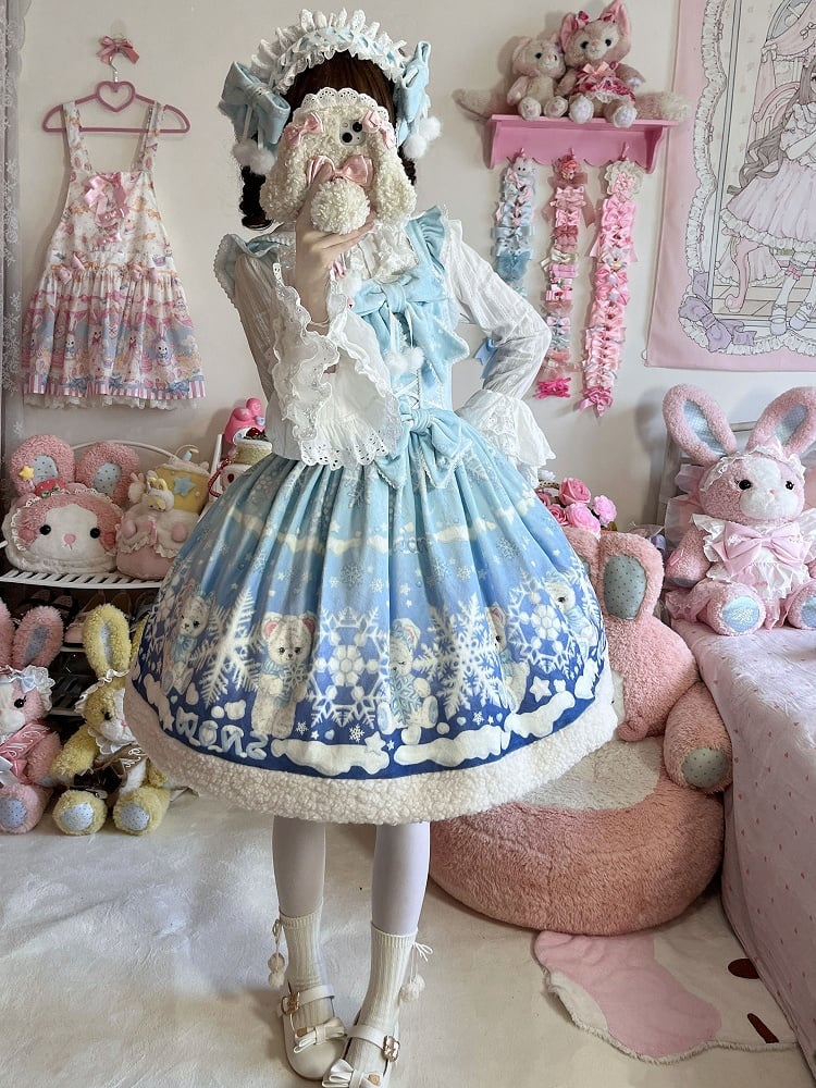 Sweet Winter Lolita Snowy Teddy Print Light Blue Gradient Lolita JSK Full Set