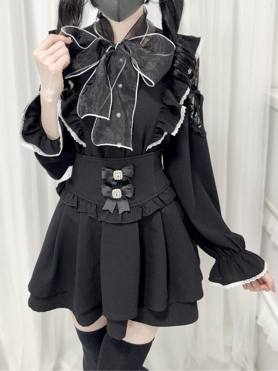 Jirai Kei Black/White/Dusty Cutout Shoulder Blouse Bow Neckline Big Pink