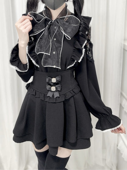 Jirai Kei Black/White/Dusty Cutout Shoulder Blouse Bow Neckline Big Pink