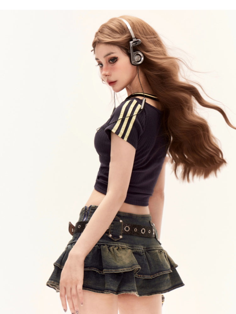 クロップドTシャツ ネイビーブルー ホルターネック グラマラス ツーピース フェイク