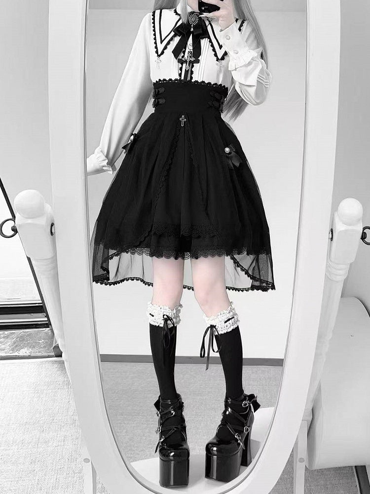 Long Sleeve Details + Bow Tulle Jirai Blouse Skirt High-Waist with White Gothic Train Cross Set Kei Black Lace