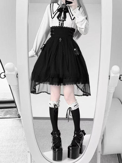 Long Sleeve Details + Bow Tulle Jirai Blouse Skirt High-Waist with White Gothic Train Cross Set Kei Black Lace