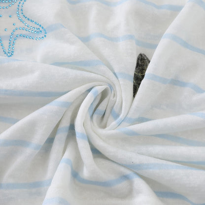 Print with Semi-Sheer Striped White Top Long-Sleeve Oceanic