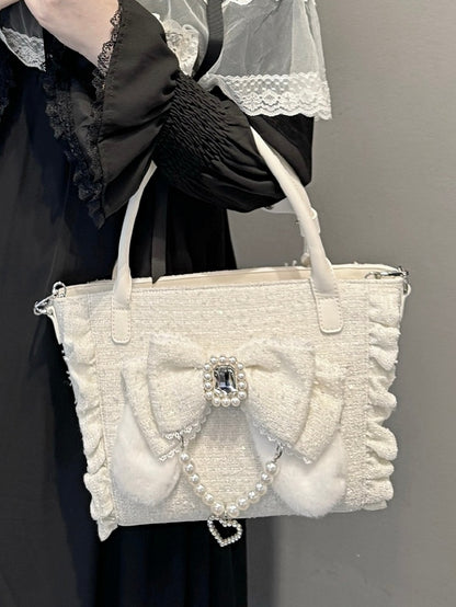 Lolita with And Bunny Charm Bow in Rhinestone Beaded - White Trim Ear Elegant Heart Triple-Carry Handbag Plush Ruffles