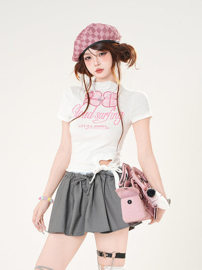 Slim-fitting T-shirt White/Black Mock Neck Self-tie Hem Letter Number and Print