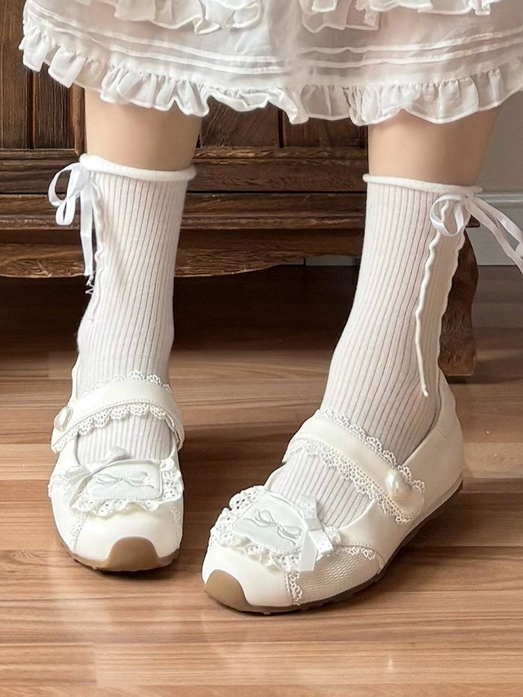 Heart-Adorned Bow Velcro Trim Sweet - Details Flat Lolita Lace Straps White Shoes
