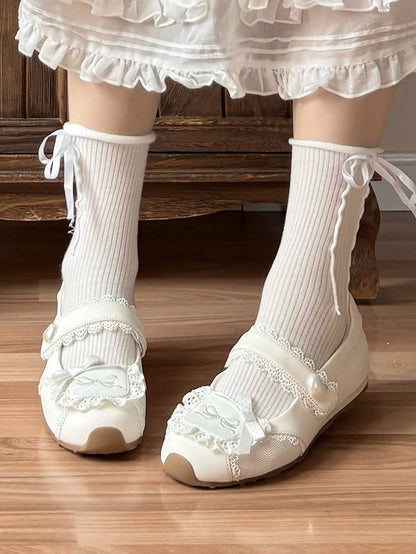 Heart-Adorned Bow Velcro Trim Sweet - Details Flat Lolita Lace Straps White Shoes