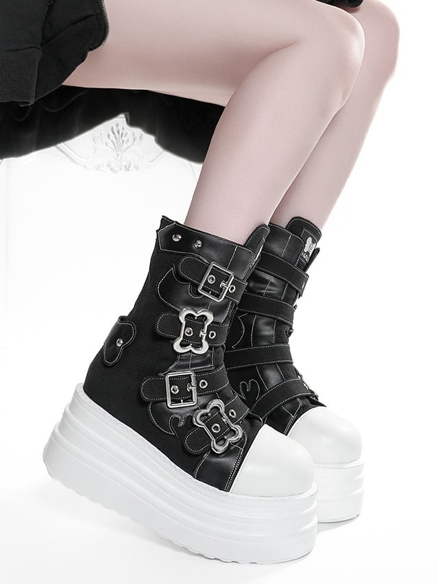 Punk Boots Bone Stud Platform Decor Embellishments Black All with -