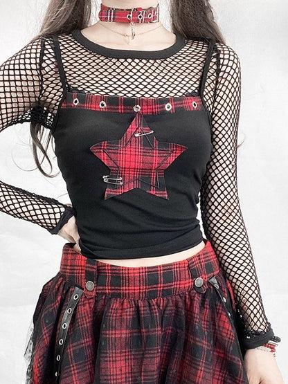 キャミピン ブラックレッド スター Y2K アップリケ トップ 装飾 グラマラス チェック柄