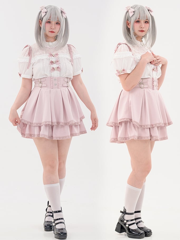 蝶結びのショート丈ジライラインストーンシャツプリーツピンクのディテール袖装飾ケイハート