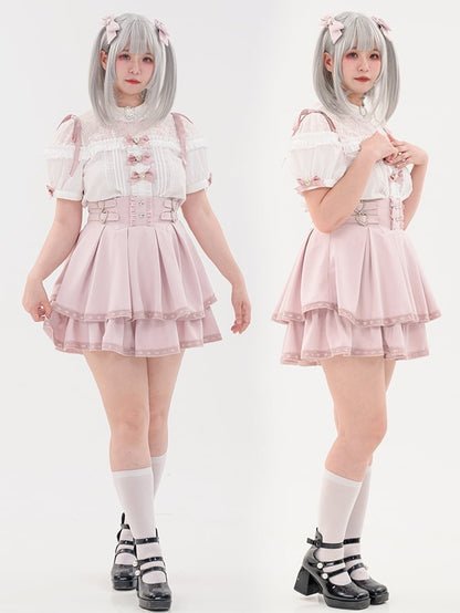 蝶結びのショート丈ジライラインストーンシャツプリーツピンクのディテール袖装飾ケイハート