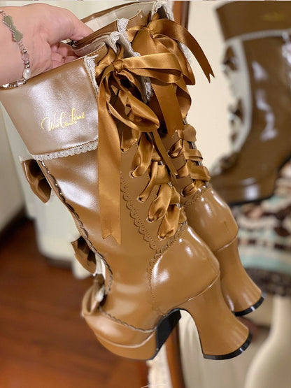 Boots High-heel Cuff Lolita Platform Elegant Fold-over Brown with Back Lacing