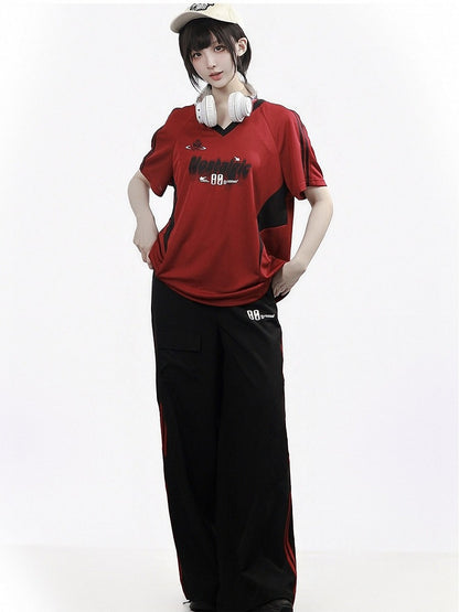Athletic Red & Black V-Neck Tee with Letter Graphic