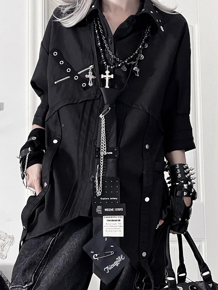 with Punk Metal Diagonal Chain Patch Tie Black Pin-Attached Letter