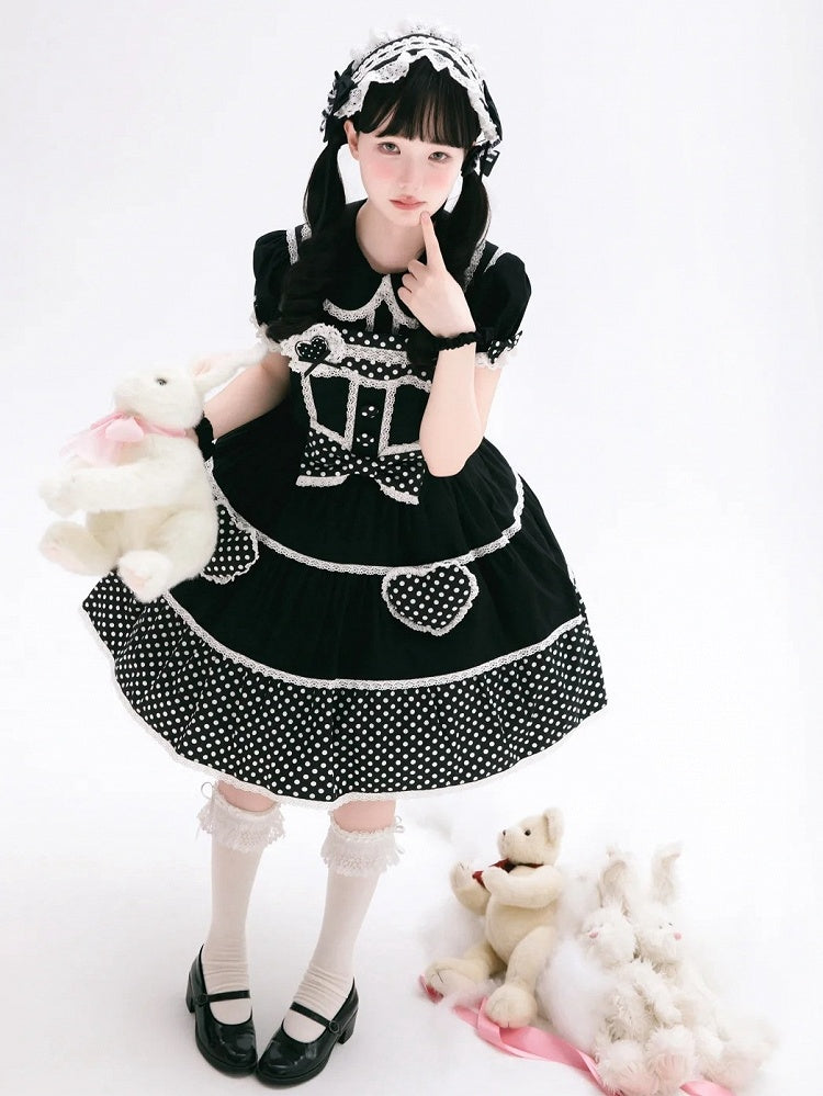 Kleid Schule Polka Alt Schwarz Baumwolle Weiß Punkte Lolita