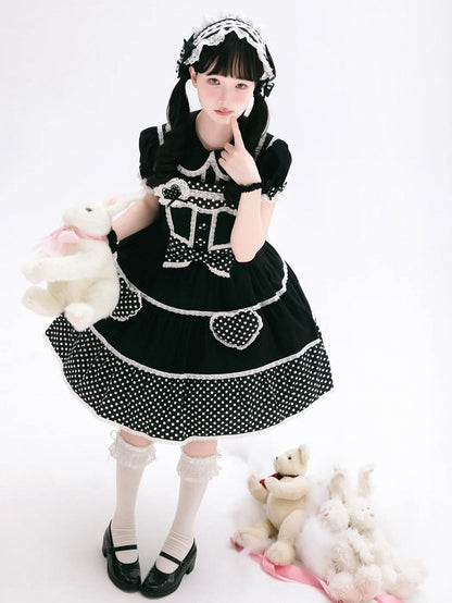 Kleid Schule Polka Alt Schwarz Baumwolle Weiß Punkte Lolita