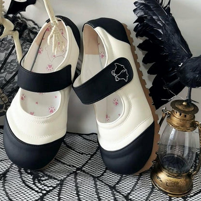 Round-toe Black Sweet Lolita Flats in PU with Velcro Strap