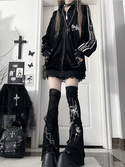 Tape Sleeve Tracksuit Gothic Cross Velvet Print TextBack Jacketwith Black