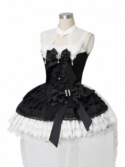 Schleifen Weißes Kleid Schwarz Verzierter Gothic Rock Lolita Stufen und