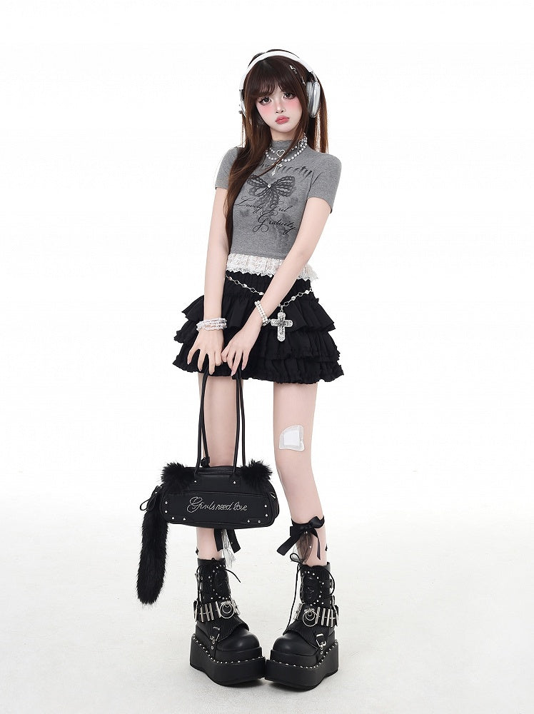 リボンプリントのグラマラスなクロップドネックとレースヘムのTシャツ グレー/ホワイト モック