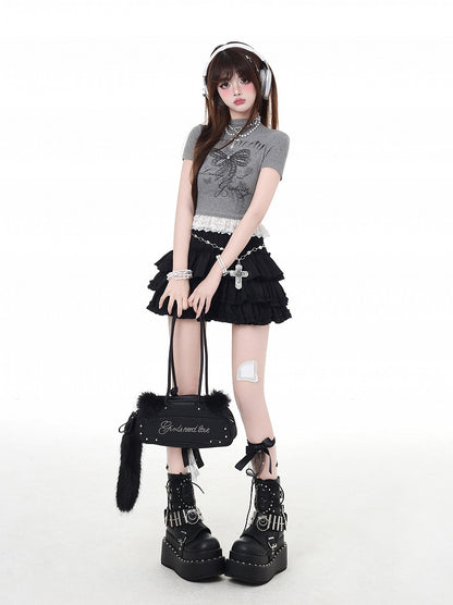 リボンプリントのグラマラスなクロップドネックとレースヘムのTシャツ グレー/ホワイト モック