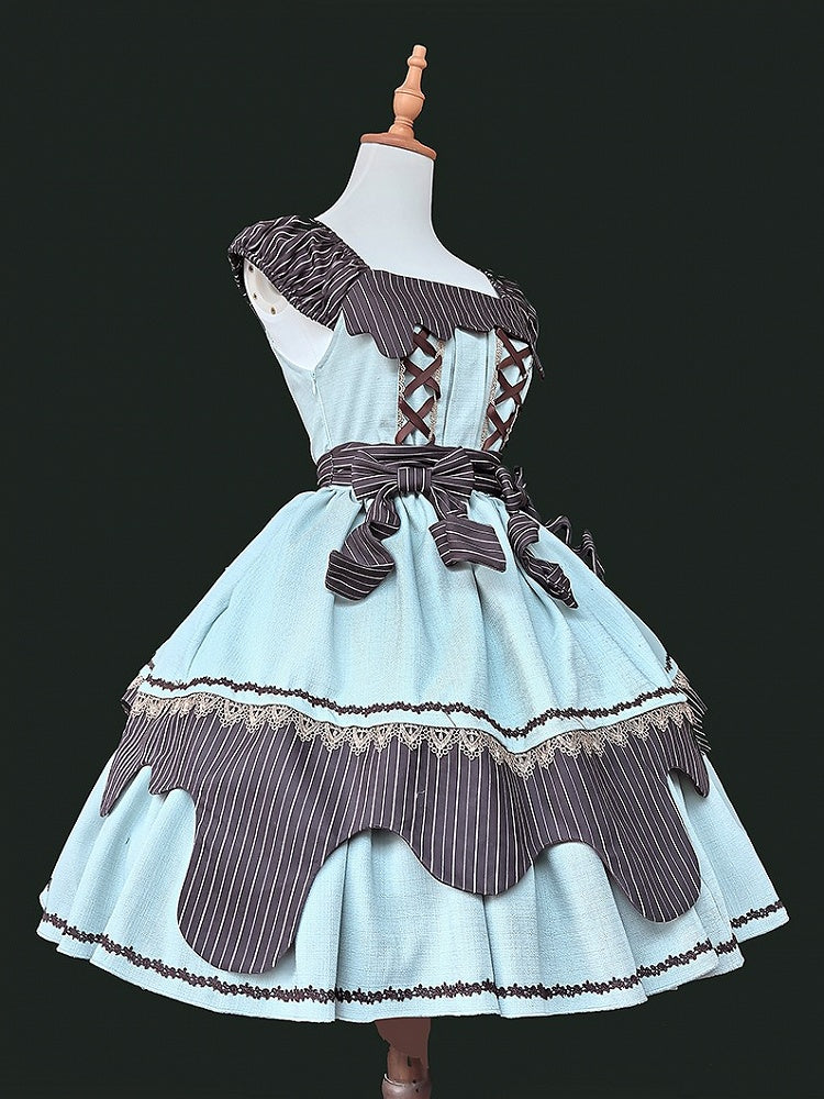 Bow Green Mint Chocolate Neckline Dress with Striped Details Lolita Square Sweet