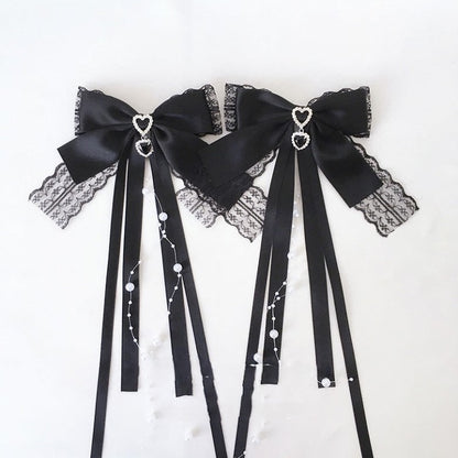 Beads Trim Colors Tassel Heart Lace Black Hairclip 4 Rhinestone with Bow