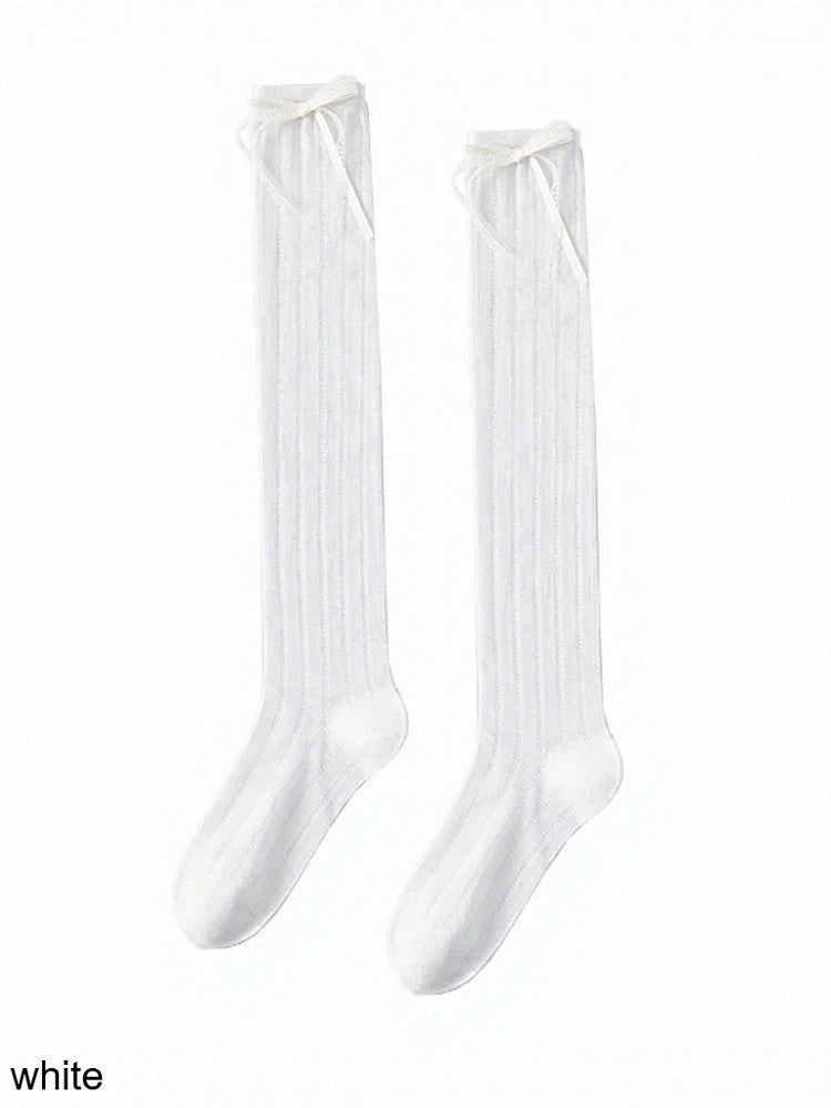 Striped Calf Socks with White Bowknot - ModaSwings