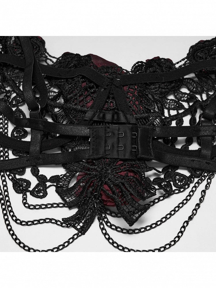 Goth Lace Chain Bralet with Black & Red Rose Motif - Punk Rave