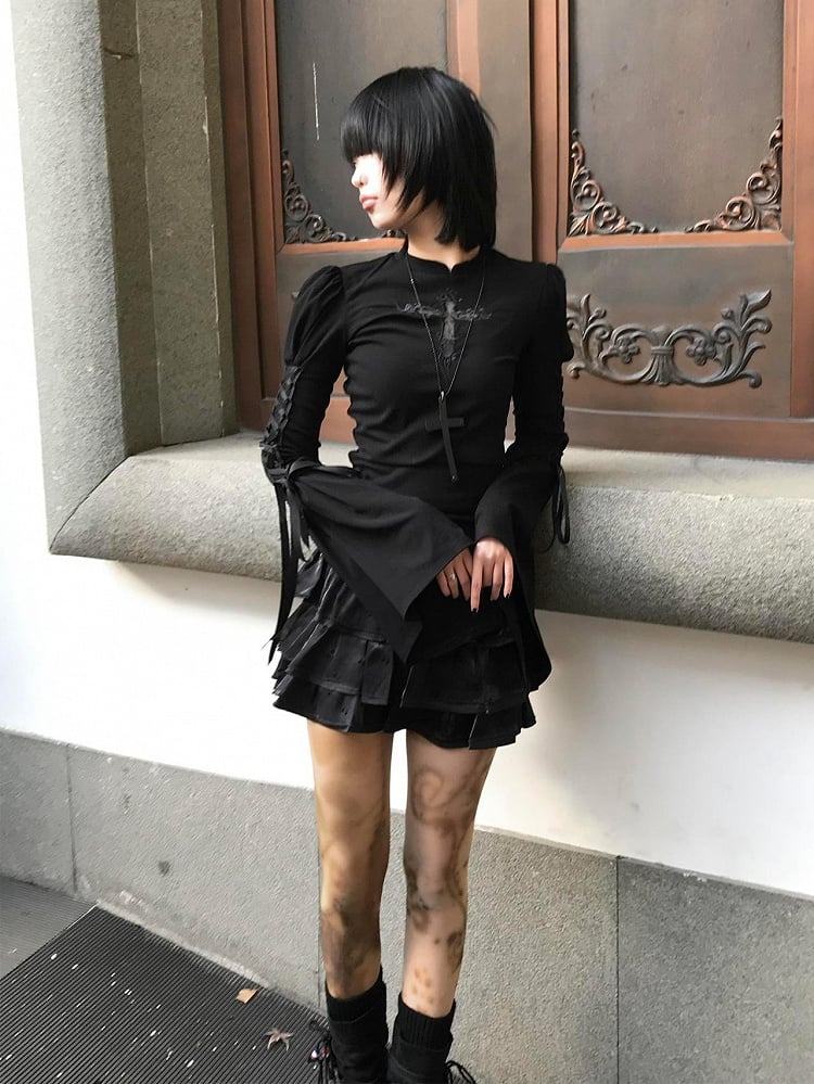 Embroidered Applique Side Top Lace-up with Bell Cross Black Sleeves