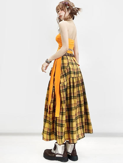 Y2K Tube Hem Decorated Top Asymmetrical Self-tie Strap Orange