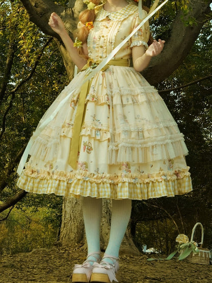 Sweet Bunny Yellow with and Sunflower Puff Lolita Overlay Dress Plaid Hem Sleeves Print
