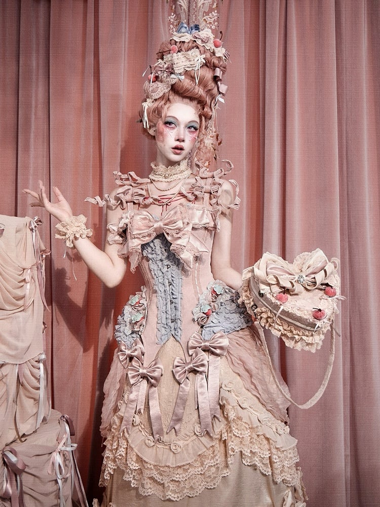 Strawberry Mousse Rococo Corset Top with Detachable Chest Bow and Shoulder Straps - Blood Supply