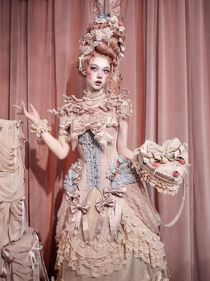 Strawberry Mousse Rococo Corset Top with Detachable Chest Bow and Shoulder Straps - Blood Supply