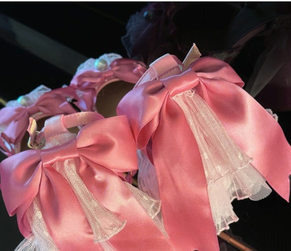 Pink Bows Lace Trim Rhinestone Ankle Strap Block Heel Hime Lolita Shoes with Beaded Chains