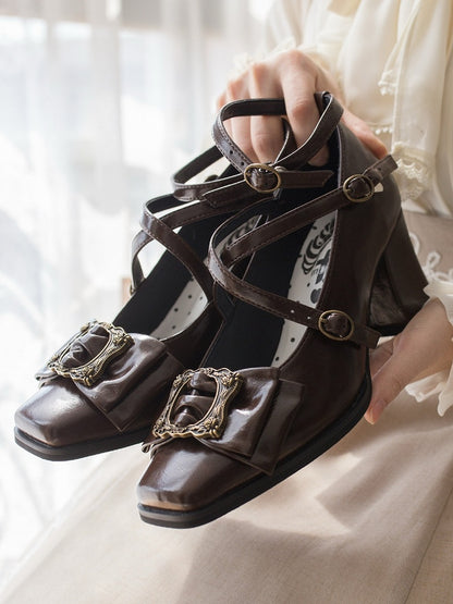 Zehenbild Heels Mitte Crisscross bei Square Frame - Riemen Design Schleife Schnalle Elegantes Top Braun Lolita