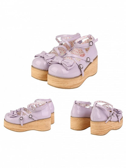 Lolita Design Sweet Purple Platforms Crisscross Round Toe Heels Accents Middle PU - Bow Light